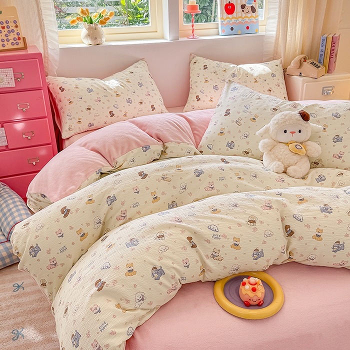 91家纺网 家纺一手货源 找家纺 壹号库家纺 2025新款皱皱纱舒暖绒四件套 西高地