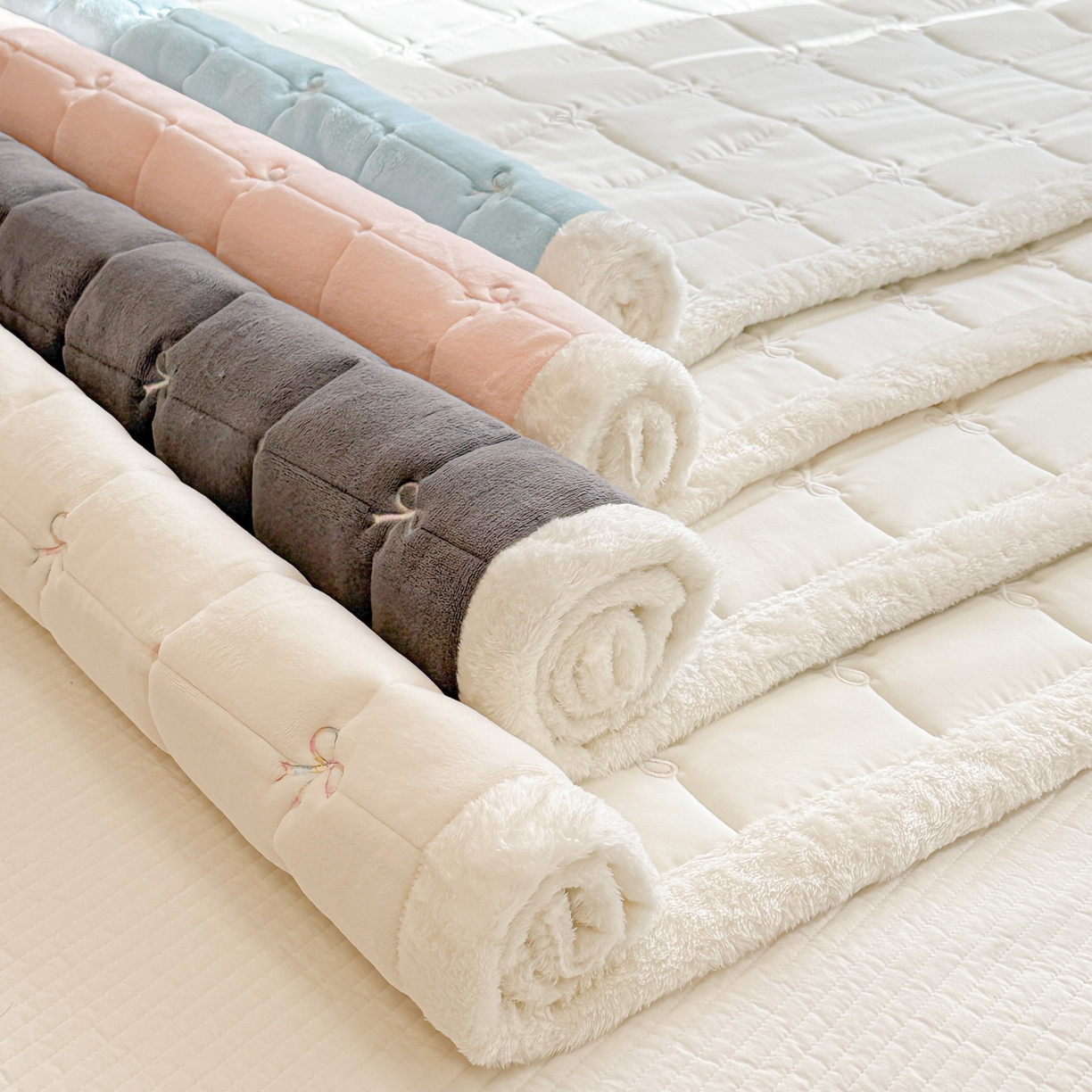 沐辰 2025新款A类双色牛奶绒绗绣夹棉床垫-炫彩同心结系列 组合图仅展示