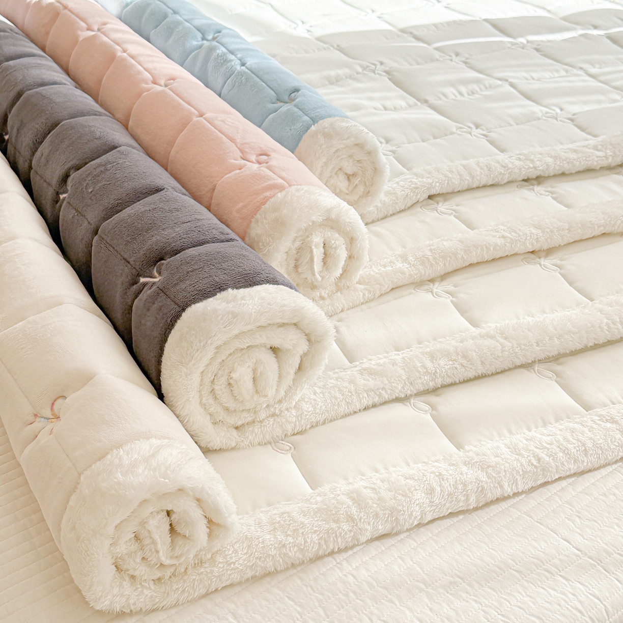 91家纺网 家纺一手货源 找家纺 沐辰 2025新款A类双色牛奶绒绗绣夹棉床垫-炫彩同心结系列 组合图仅展示