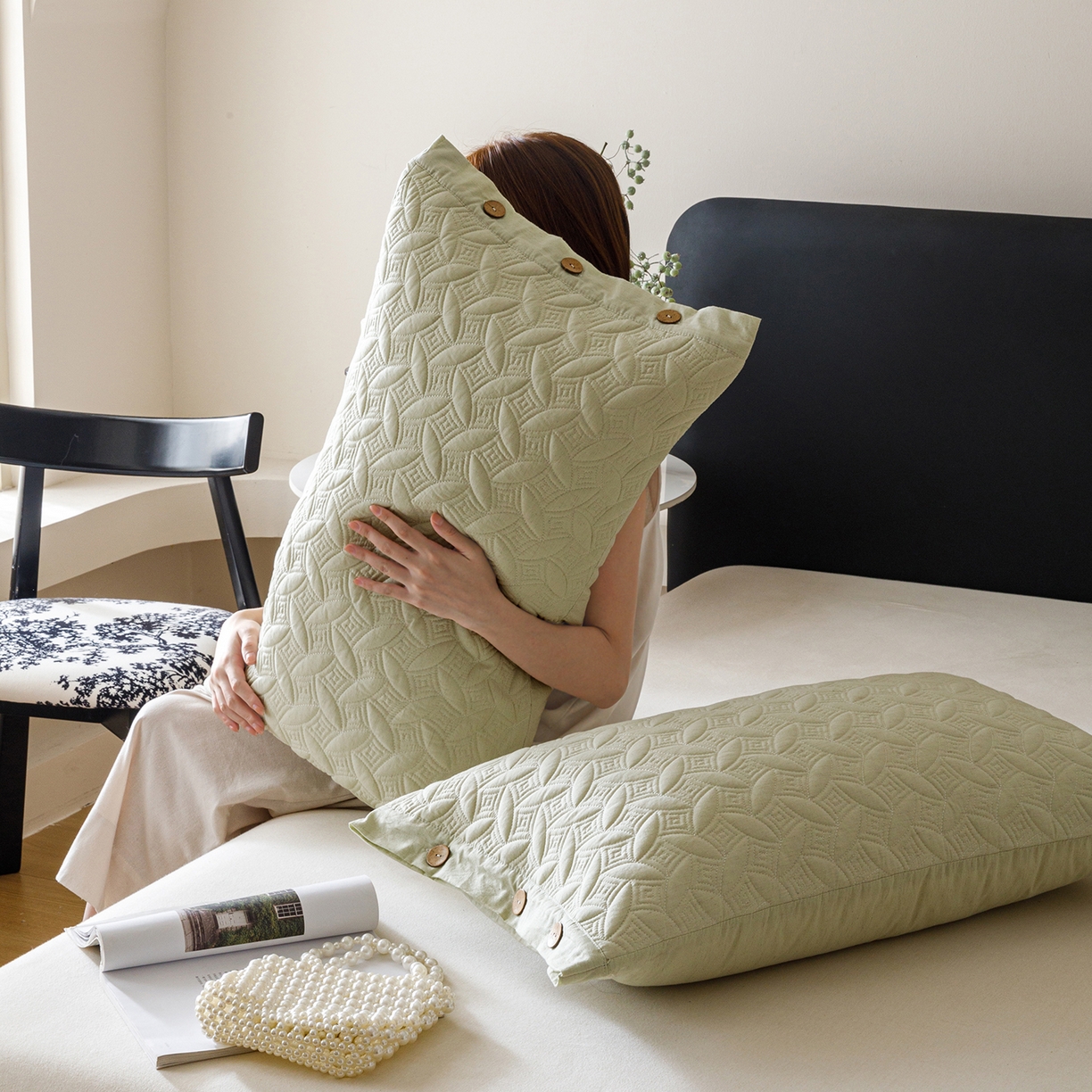 91家纺网 家纺一手货源 找家纺 （总）爱港家纺 2025新款纯色棉麻亚麻枕套加厚绗缝夹棉双面高级枕头套