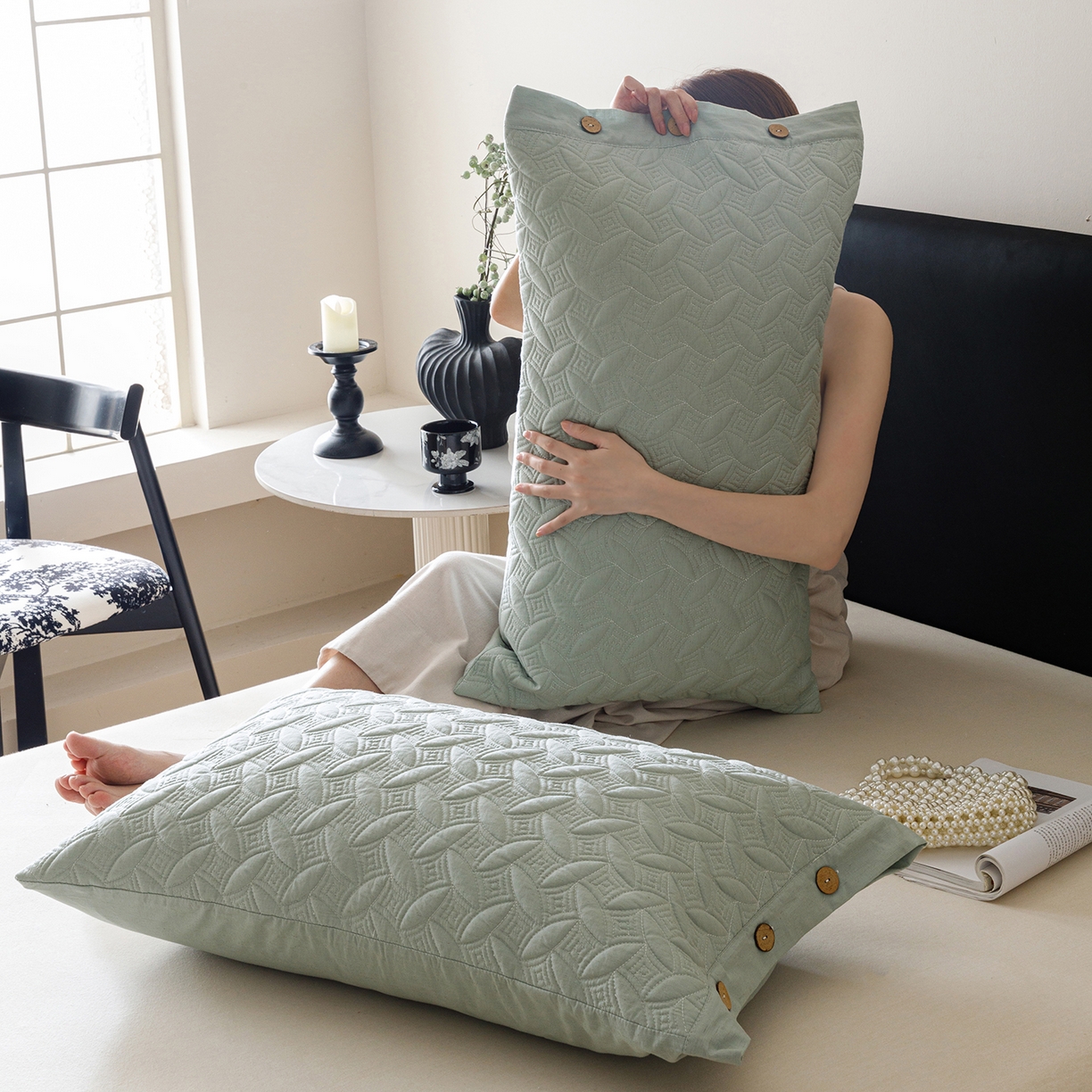 91家纺网 家纺一手货源 找家纺 （总）爱港家纺 2025新款纯色棉麻亚麻枕套加厚绗缝夹棉双面高级枕头套