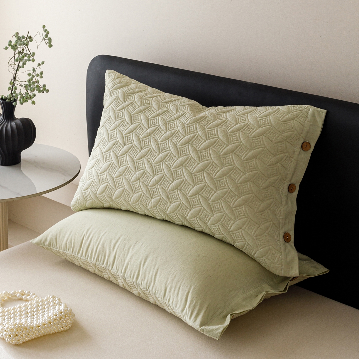 91家纺网 家纺一手货源 找家纺 爱港家纺 2025新款纯色棉麻亚麻枕套加厚绗缝夹棉双面高级枕头套 棉麻-柔绿