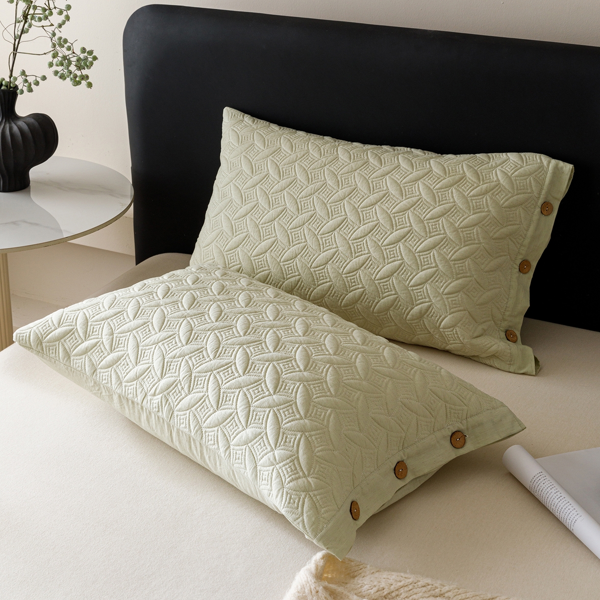 91家纺网 家纺一手货源 找家纺 爱港家纺 2025新款纯色棉麻亚麻枕套加厚绗缝夹棉双面高级枕头套 棉麻-柔绿