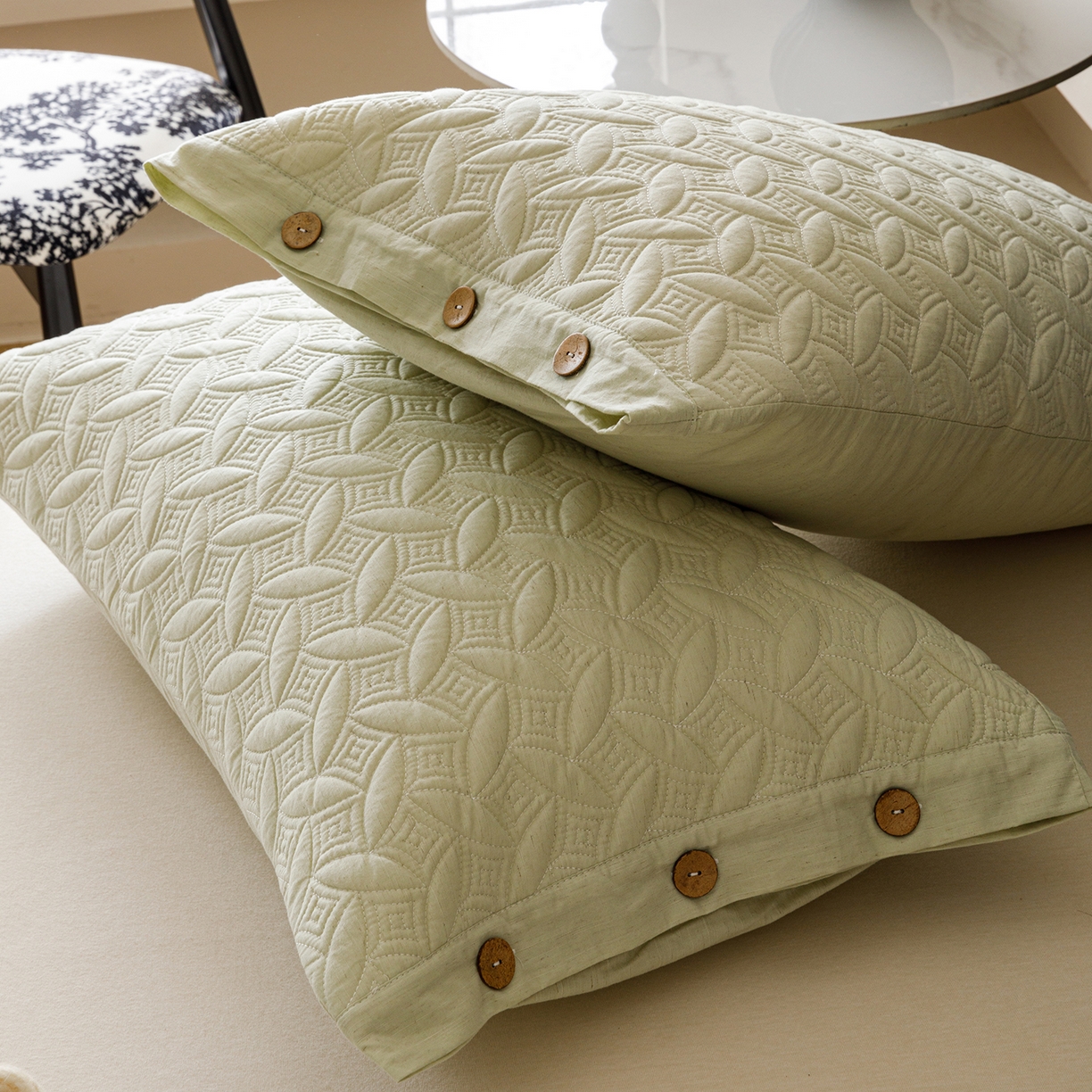 91家纺网 家纺一手货源 找家纺 爱港家纺 2025新款纯色棉麻亚麻枕套加厚绗缝夹棉双面高级枕头套 棉麻-柔绿