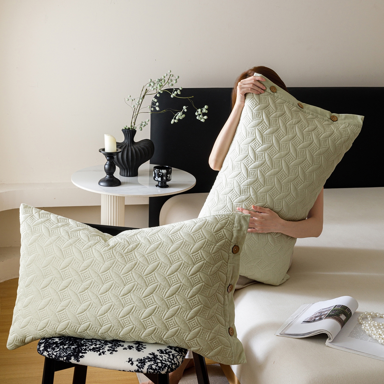 91家纺网 家纺一手货源 找家纺 爱港家纺 2025新款纯色棉麻亚麻枕套加厚绗缝夹棉双面高级枕头套 棉麻-柔绿