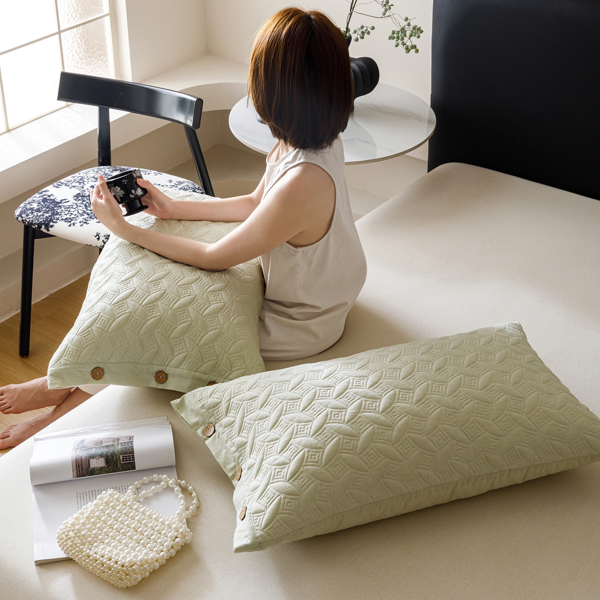 91家纺网 家纺一手货源 找家纺 爱港家纺 2025新款纯色棉麻亚麻枕套加厚绗缝夹棉双面高级枕头套 棉麻-柔绿