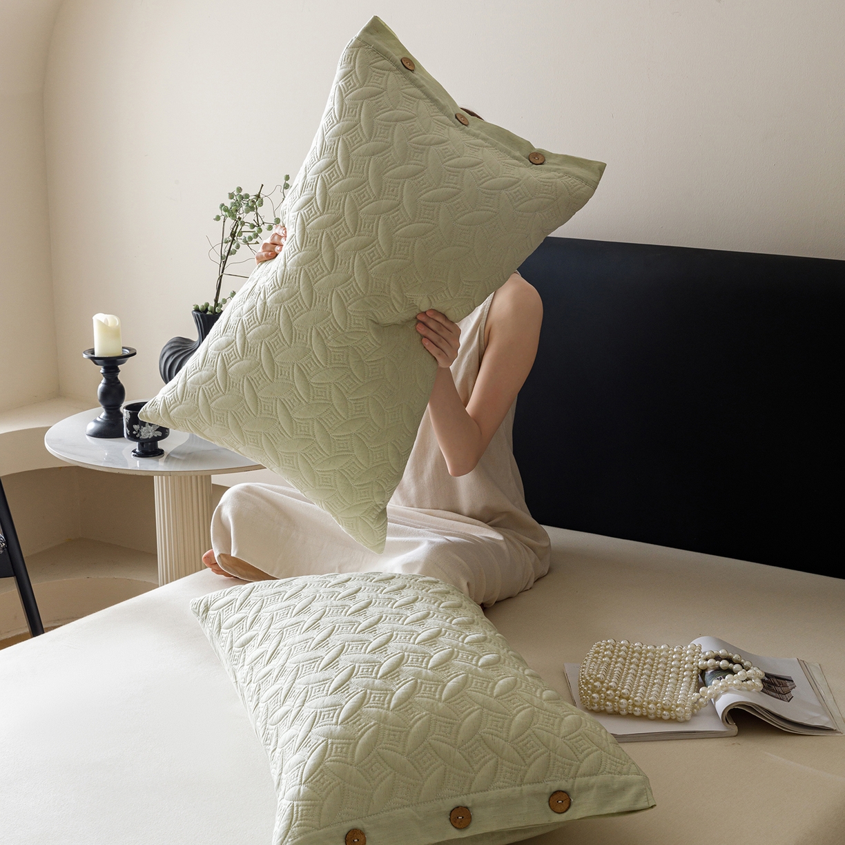 91家纺网 家纺一手货源 找家纺 爱港家纺 2025新款纯色棉麻亚麻枕套加厚绗缝夹棉双面高级枕头套 棉麻-柔绿