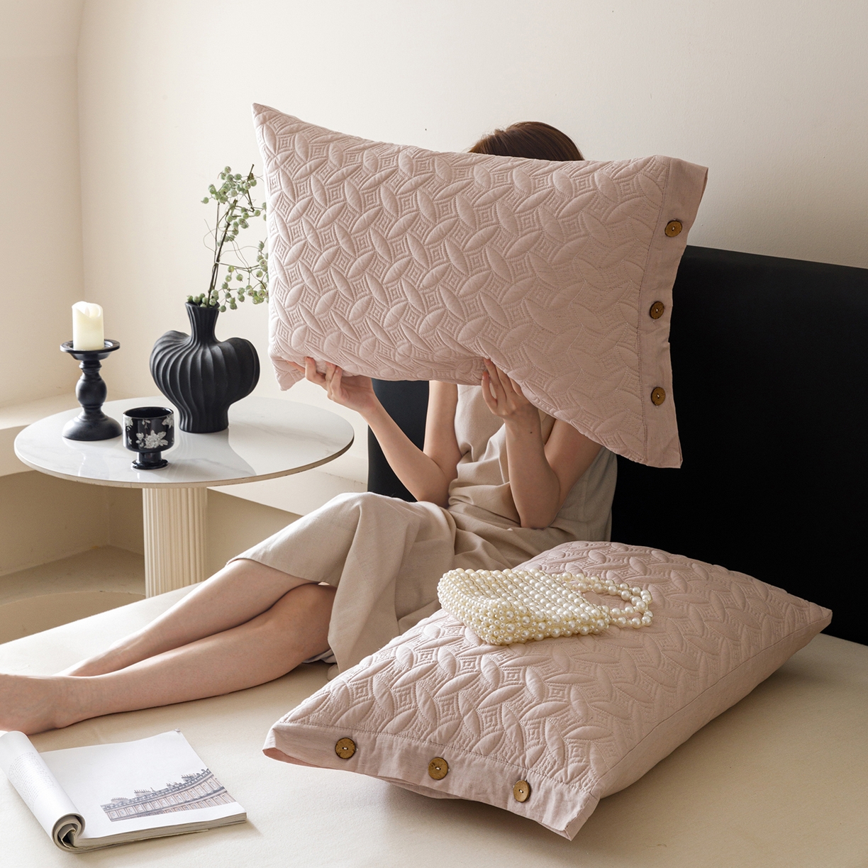 爱港家纺 2025新款纯色棉麻亚麻枕套加厚绗缝夹棉双面高级枕头套 棉麻-檀粉