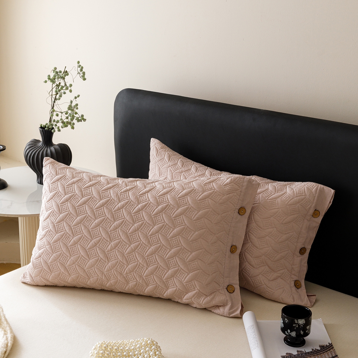 91家纺网 家纺一手货源 找家纺 爱港家纺 2025新款纯色棉麻亚麻枕套加厚绗缝夹棉双面高级枕头套 棉麻-檀粉