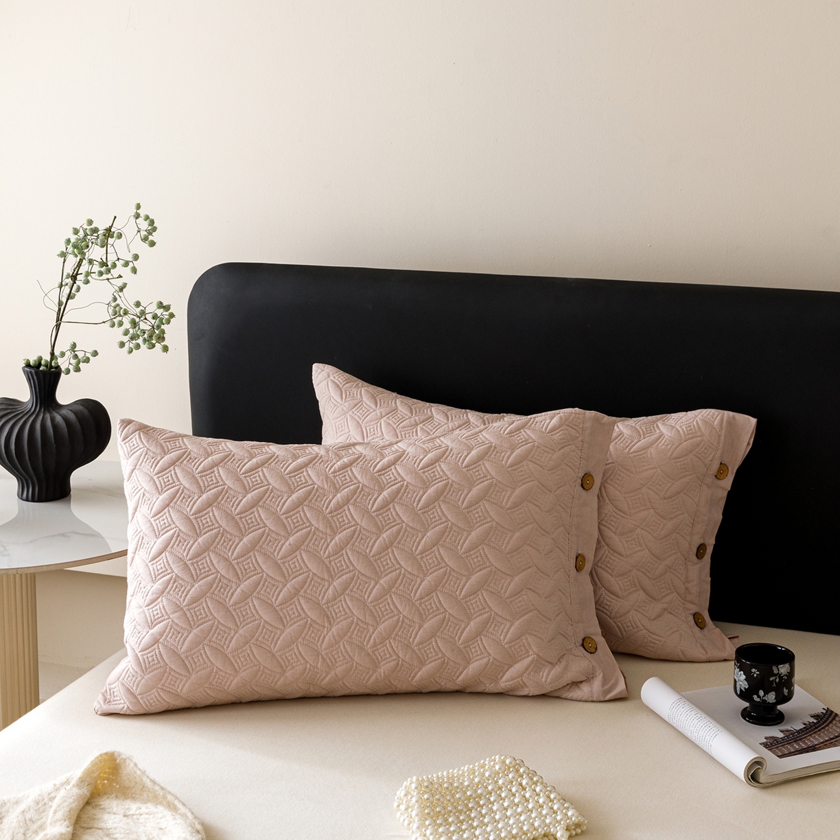 91家纺网 家纺一手货源 找家纺 爱港家纺 2025新款纯色棉麻亚麻枕套加厚绗缝夹棉双面高级枕头套 棉麻-檀粉