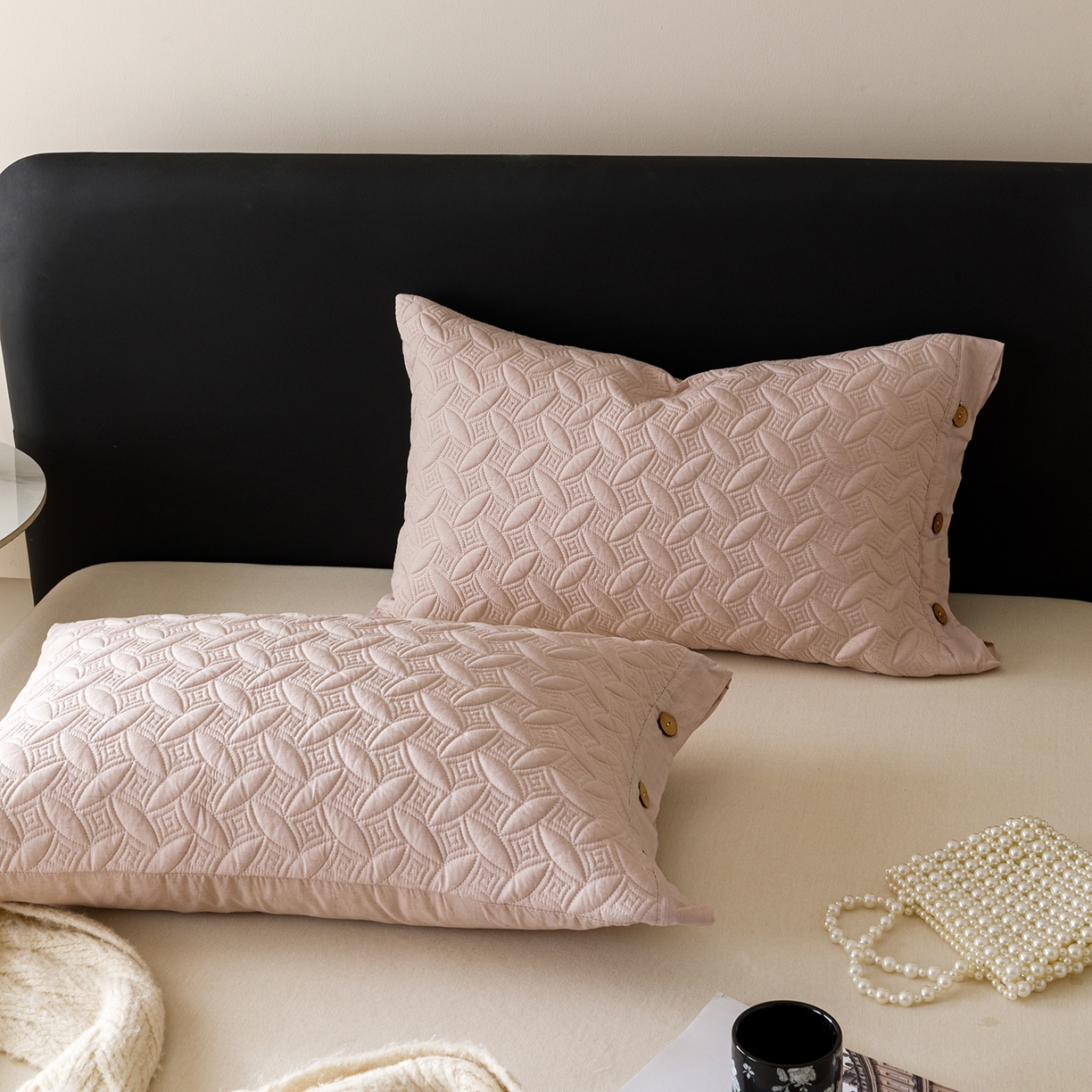 91家纺网 家纺一手货源 找家纺 爱港家纺 2025新款纯色棉麻亚麻枕套加厚绗缝夹棉双面高级枕头套 棉麻-檀粉