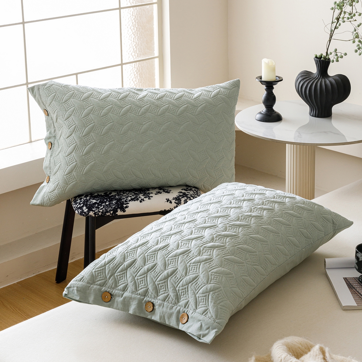 91家纺网 家纺一手货源 找家纺 爱港家纺 2025新款纯色棉麻亚麻枕套加厚绗缝夹棉双面高级枕头套 棉麻-雾兰