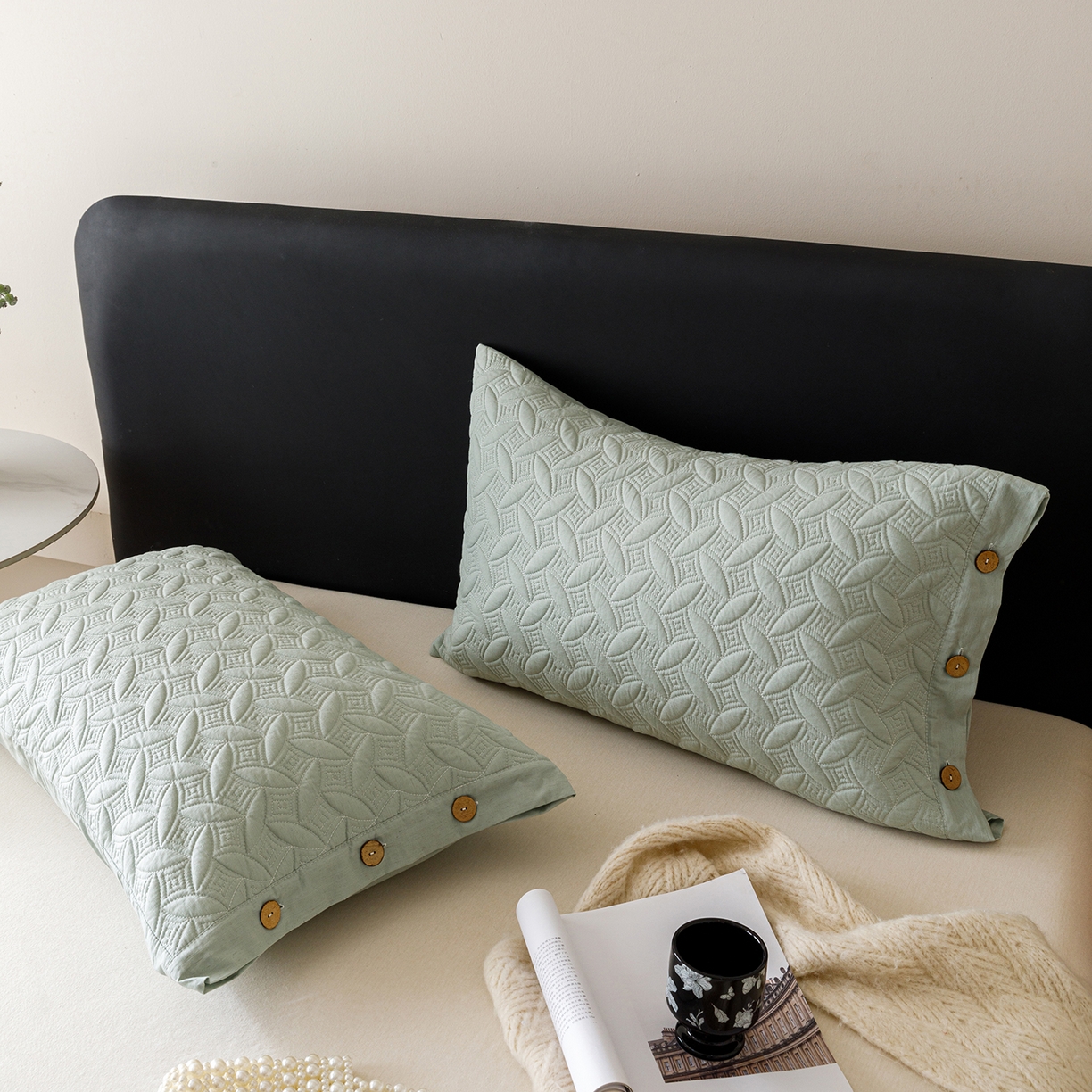 91家纺网 家纺一手货源 找家纺 爱港家纺 2025新款纯色棉麻亚麻枕套加厚绗缝夹棉双面高级枕头套 棉麻-雾兰