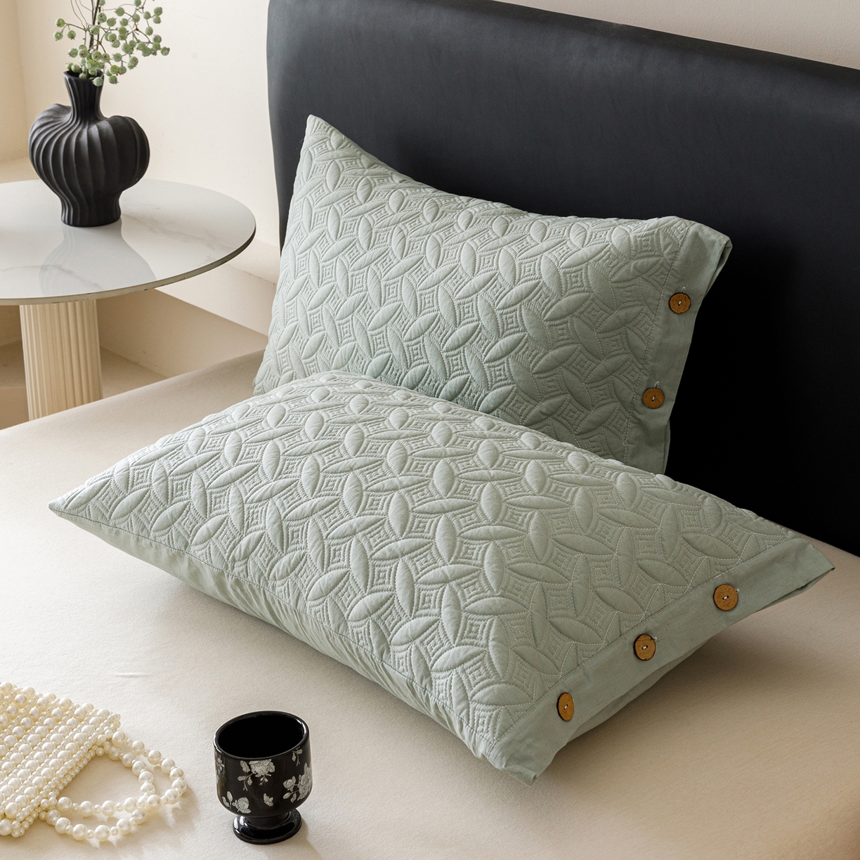 91家纺网 家纺一手货源 找家纺 爱港家纺 2025新款纯色棉麻亚麻枕套加厚绗缝夹棉双面高级枕头套 棉麻-雾兰