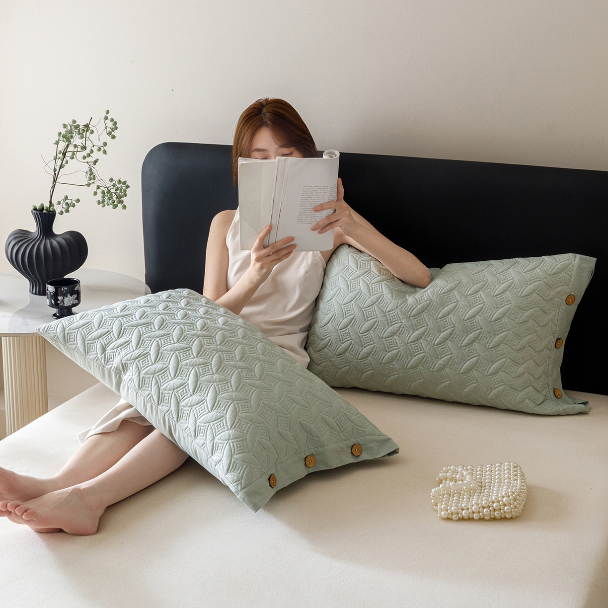 91家纺网 家纺一手货源 找家纺 爱港家纺 2025新款纯色棉麻亚麻枕套加厚绗缝夹棉双面高级枕头套 棉麻-雾兰