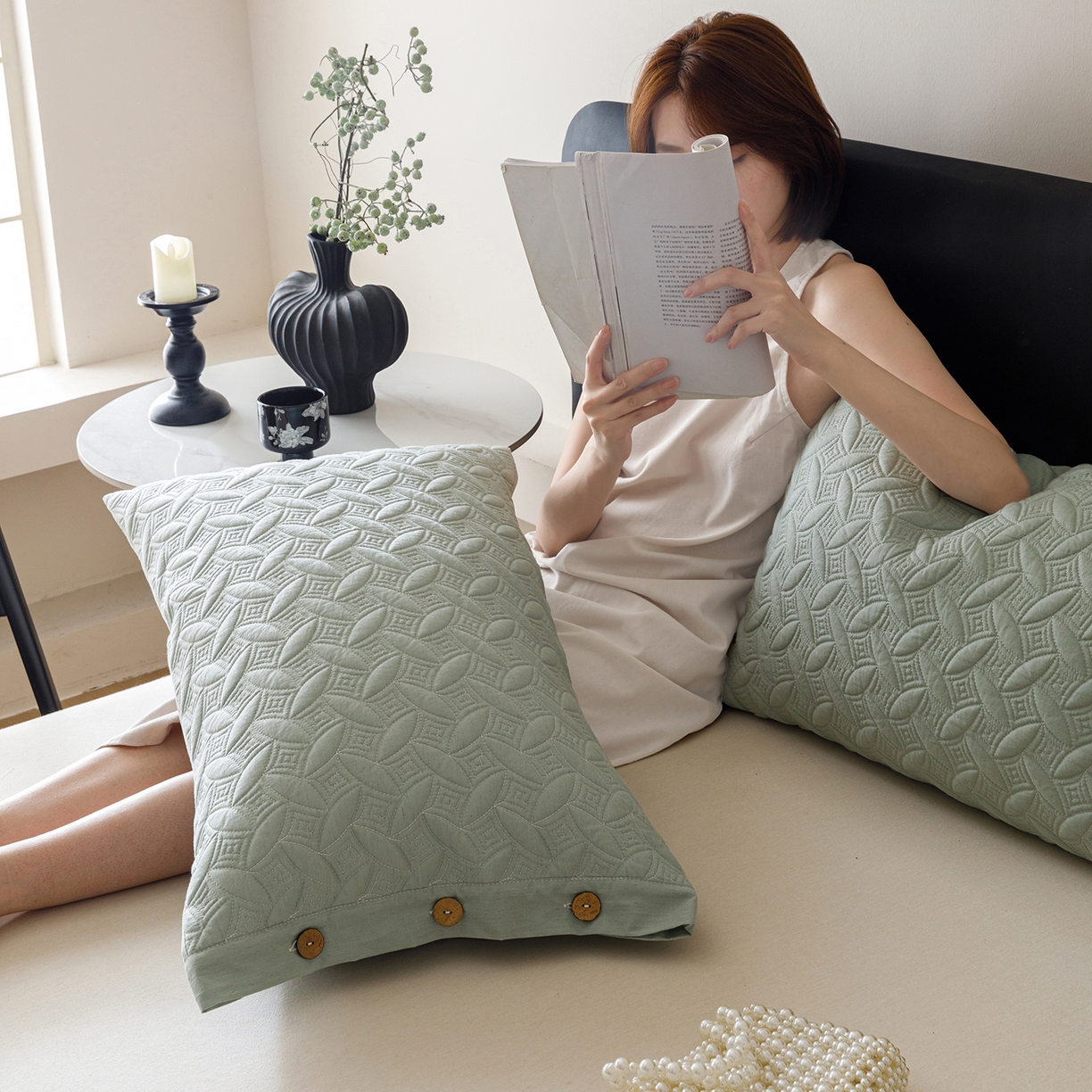 91家纺网 家纺一手货源 找家纺 爱港家纺 2025新款纯色棉麻亚麻枕套加厚绗缝夹棉双面高级枕头套 棉麻-雾兰