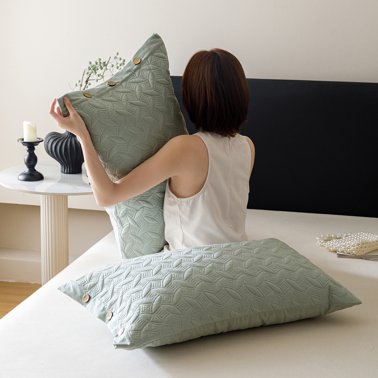 91家纺网 家纺一手货源 找家纺 爱港家纺 2025新款纯色棉麻亚麻枕套加厚绗缝夹棉双面高级枕头套 棉麻-雾兰