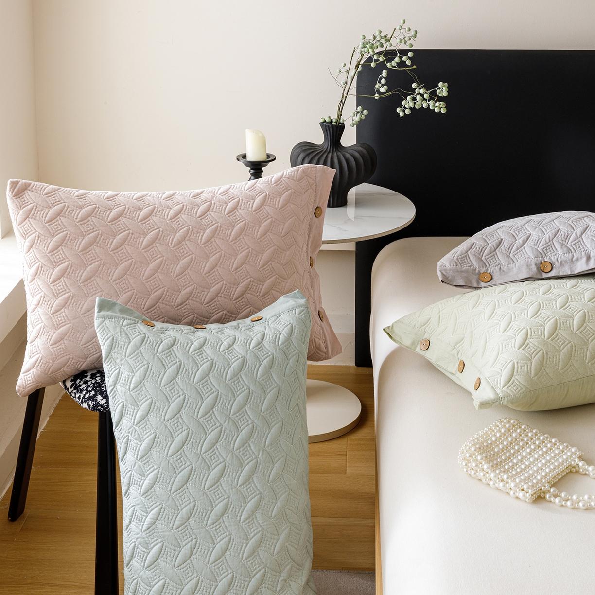 91家纺网 家纺一手货源 找家纺 爱港家纺 2025新款纯色棉麻亚麻枕套加厚绗缝夹棉双面高级枕头套 组合