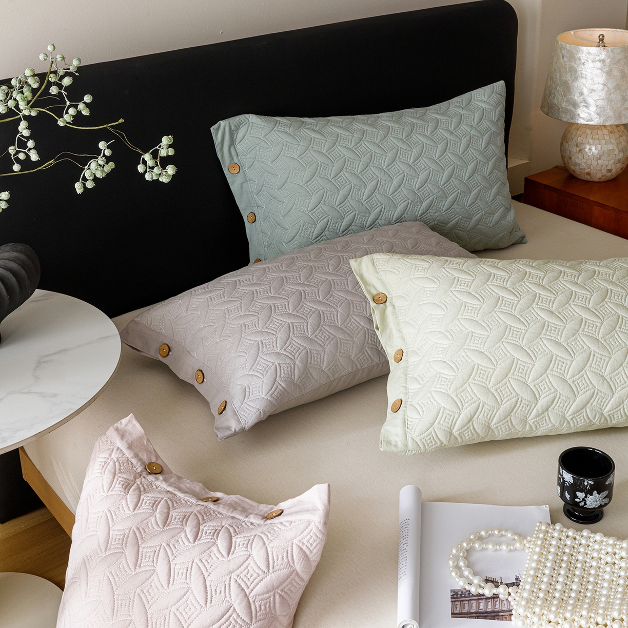 91家纺网 家纺一手货源 找家纺 爱港家纺 2025新款纯色棉麻亚麻枕套加厚绗缝夹棉双面高级枕头套 组合