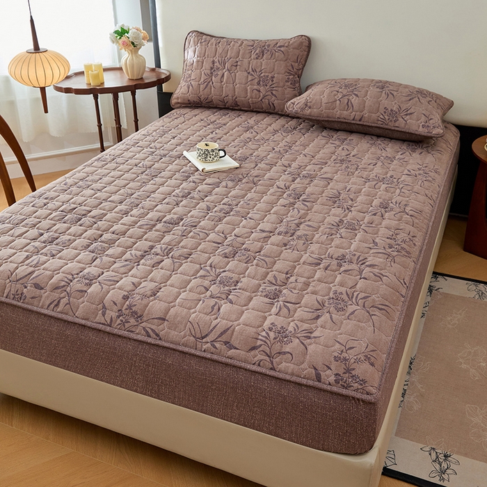 91家纺网 家纺一手货源 找家纺 圣比熊 2025新款原麻夹棉床笠机洗家用防滑透气四季款加厚床罩床垫床单保护套三件套 素锦