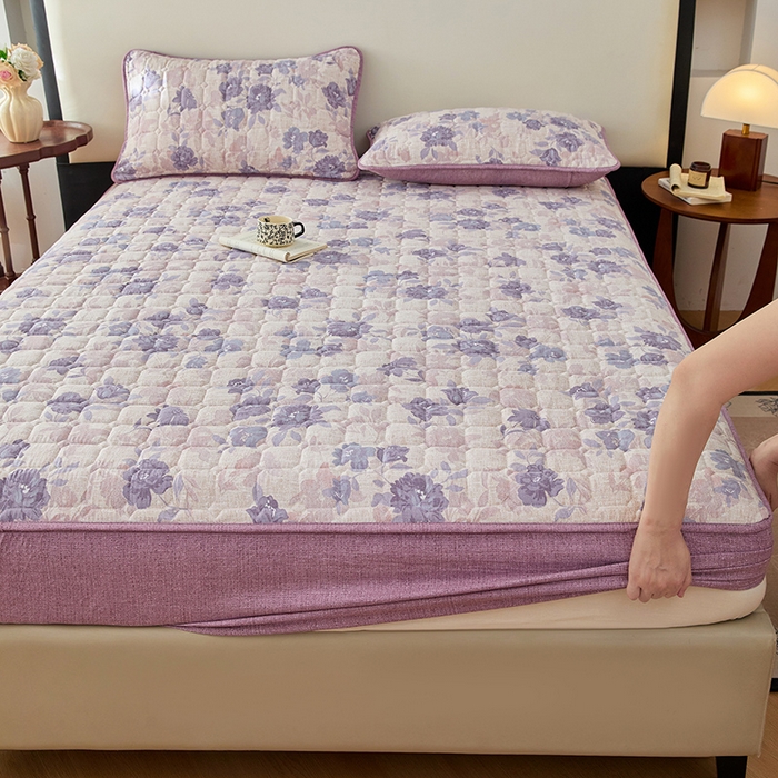 91家纺网 家纺一手货源 找家纺 圣比熊 2025新款原麻夹棉床笠机洗家用防滑透气四季款加厚床罩床垫床单保护套三件套 东方墨兰