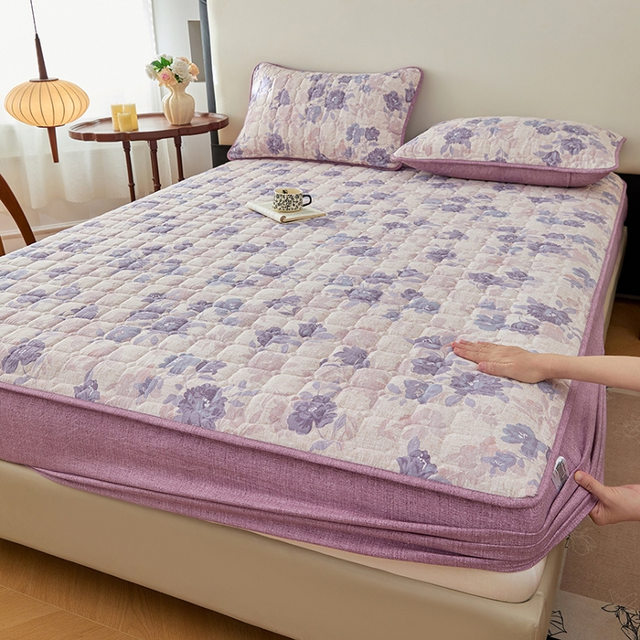 圣比熊 2025新款原麻夹棉床笠机洗家用防滑透气四季款加厚床罩床垫床单保护套三件套 东方墨兰