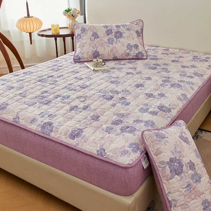 91家纺网 家纺一手货源 找家纺 圣比熊 2025新款原麻夹棉床笠机洗家用防滑透气四季款加厚床罩床垫床单保护套三件套 东方墨兰