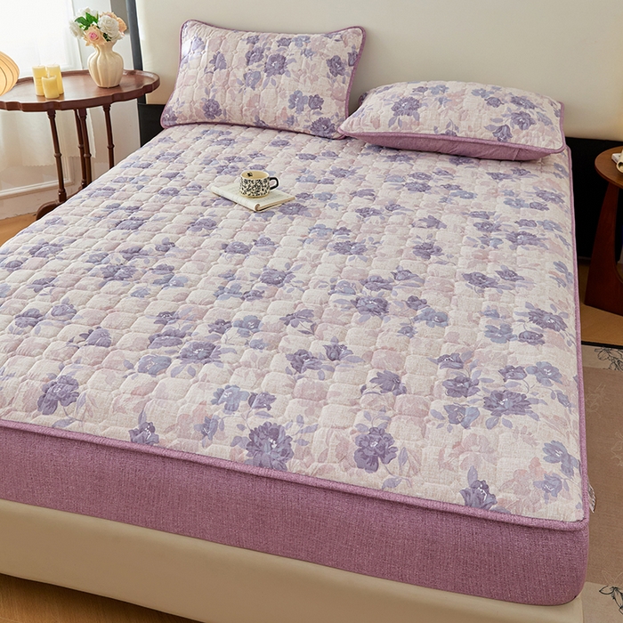 91家纺网 家纺一手货源 找家纺 圣比熊 2025新款原麻夹棉床笠机洗家用防滑透气四季款加厚床罩床垫床单保护套三件套 东方墨兰