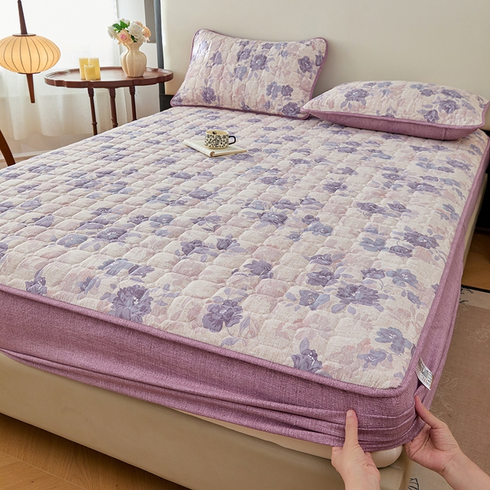 91家纺网 家纺一手货源 找家纺 圣比熊 2025新款原麻夹棉床笠机洗家用防滑透气四季款加厚床罩床垫床单保护套三件套 东方墨兰