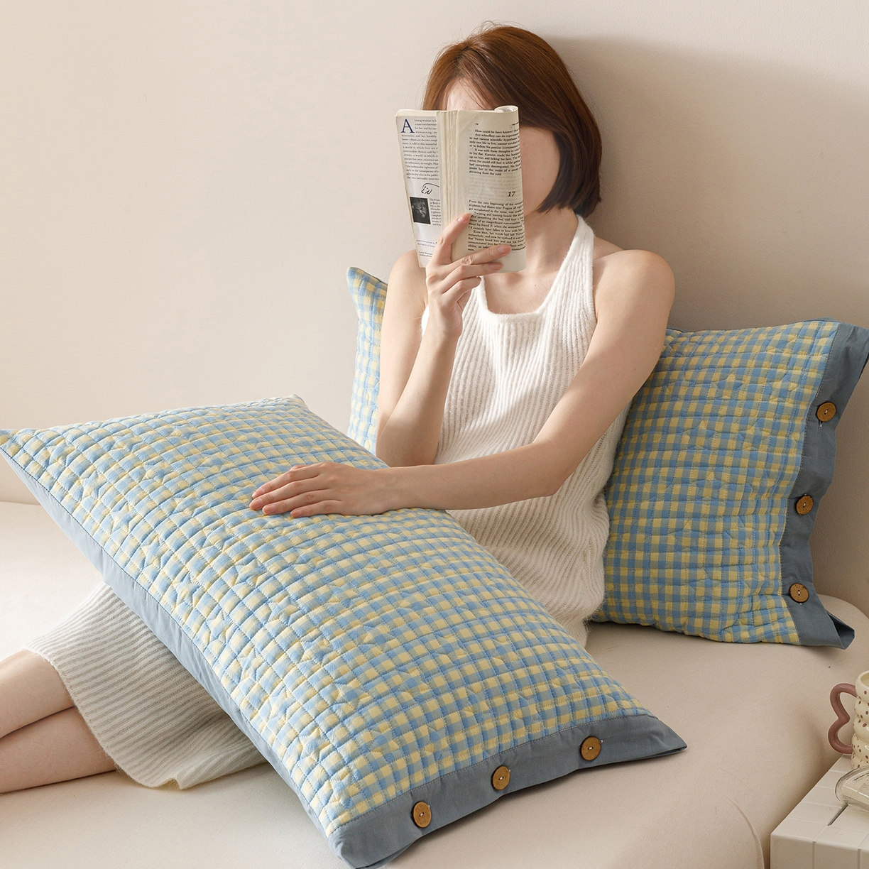 91家纺网 家纺一手货源 找家纺 爱港家纺 2025新款全棉色织水洗加厚绗缝夹棉防头油双面枕头套单品枕套单件枕套 格温特蓝