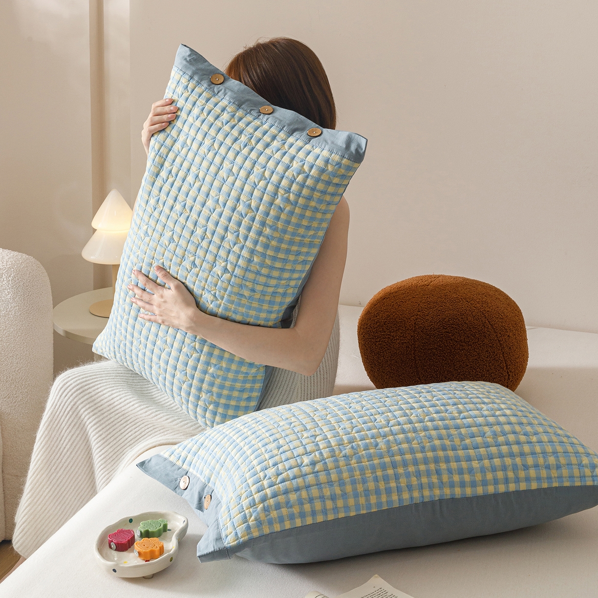 爱港家纺 2025新款全棉色织水洗加厚绗缝夹棉防头油双面枕头套单品枕套单件枕套 格温特蓝