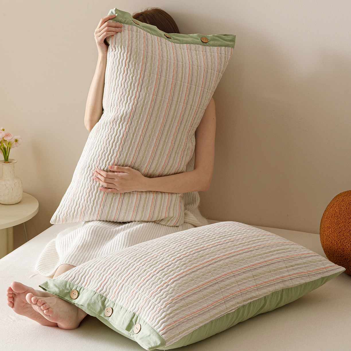 爱港家纺 2025新款全棉色织水洗加厚绗缝夹棉防头油双面枕头套单品枕套单件枕套 小时代绿