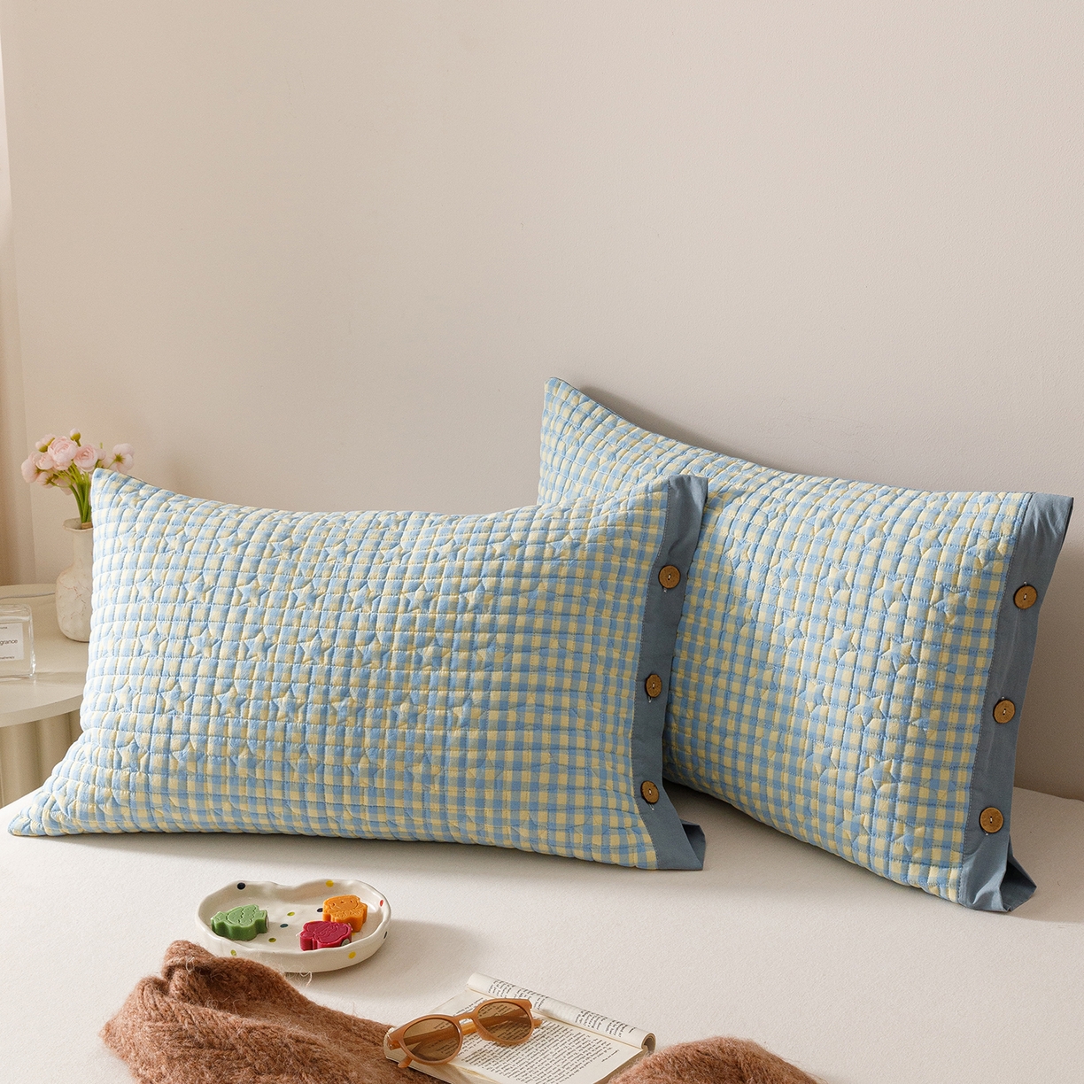 91家纺网 家纺一手货源 找家纺 爱港家纺 2025新款全棉色织水洗加厚绗缝夹棉防头油双面枕头套单品枕套单件枕套 格温特蓝