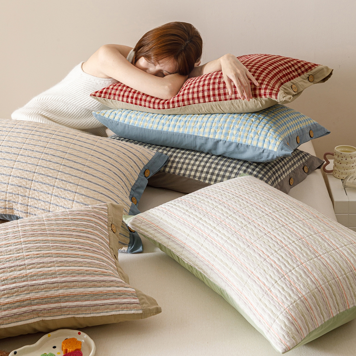 爱港家纺 2025新款全棉色织水洗加厚绗缝夹棉防头油双面枕头套单品枕套单件枕套 组合图仅供参考不可下单