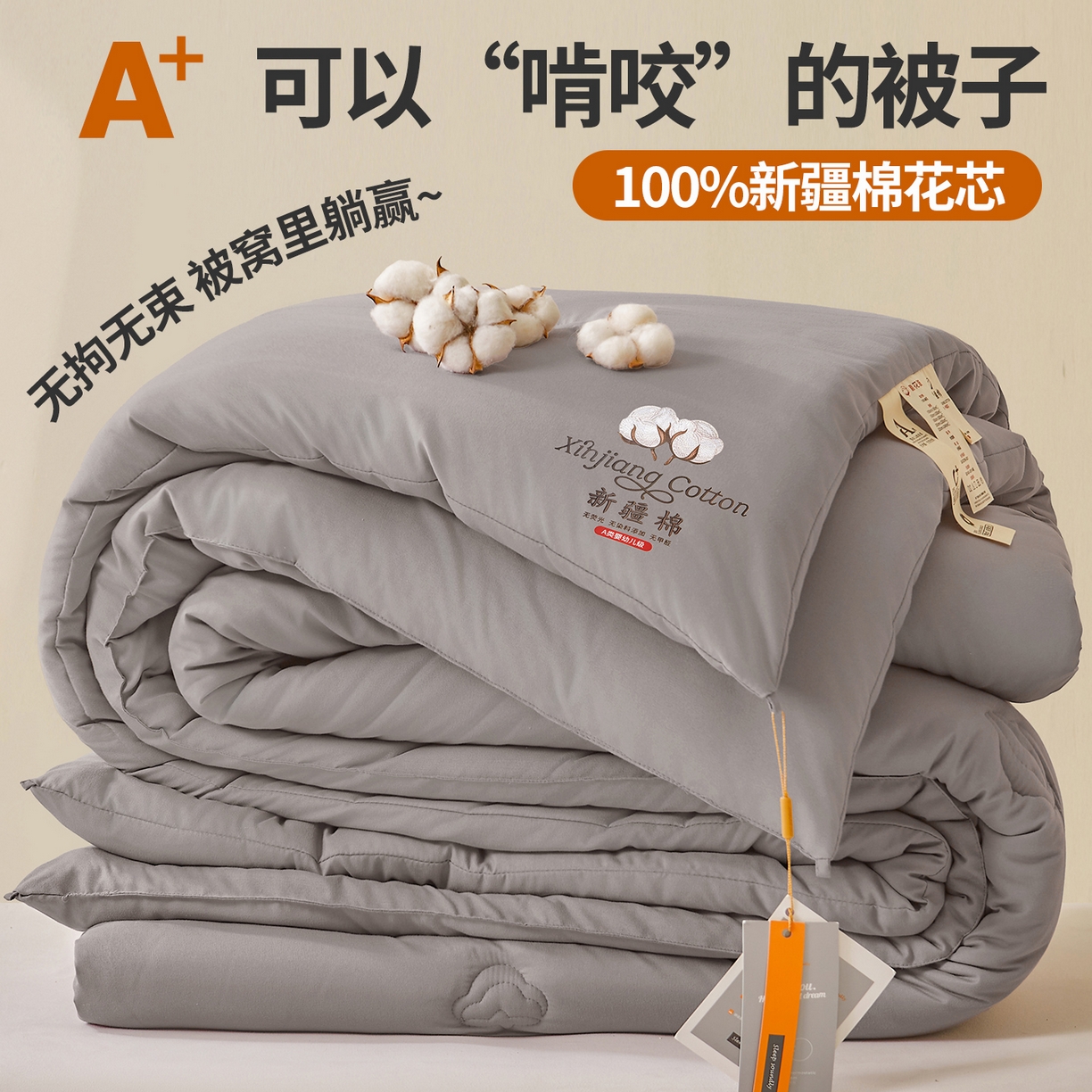 91家纺网 家纺一手货源 找家纺 上学郎家居 【100棉包检测】水洗棉100%新疆棉花被棉絮棉褥春秋被冬被直播网红被子被芯棉被 主图新疆棉 浅灰