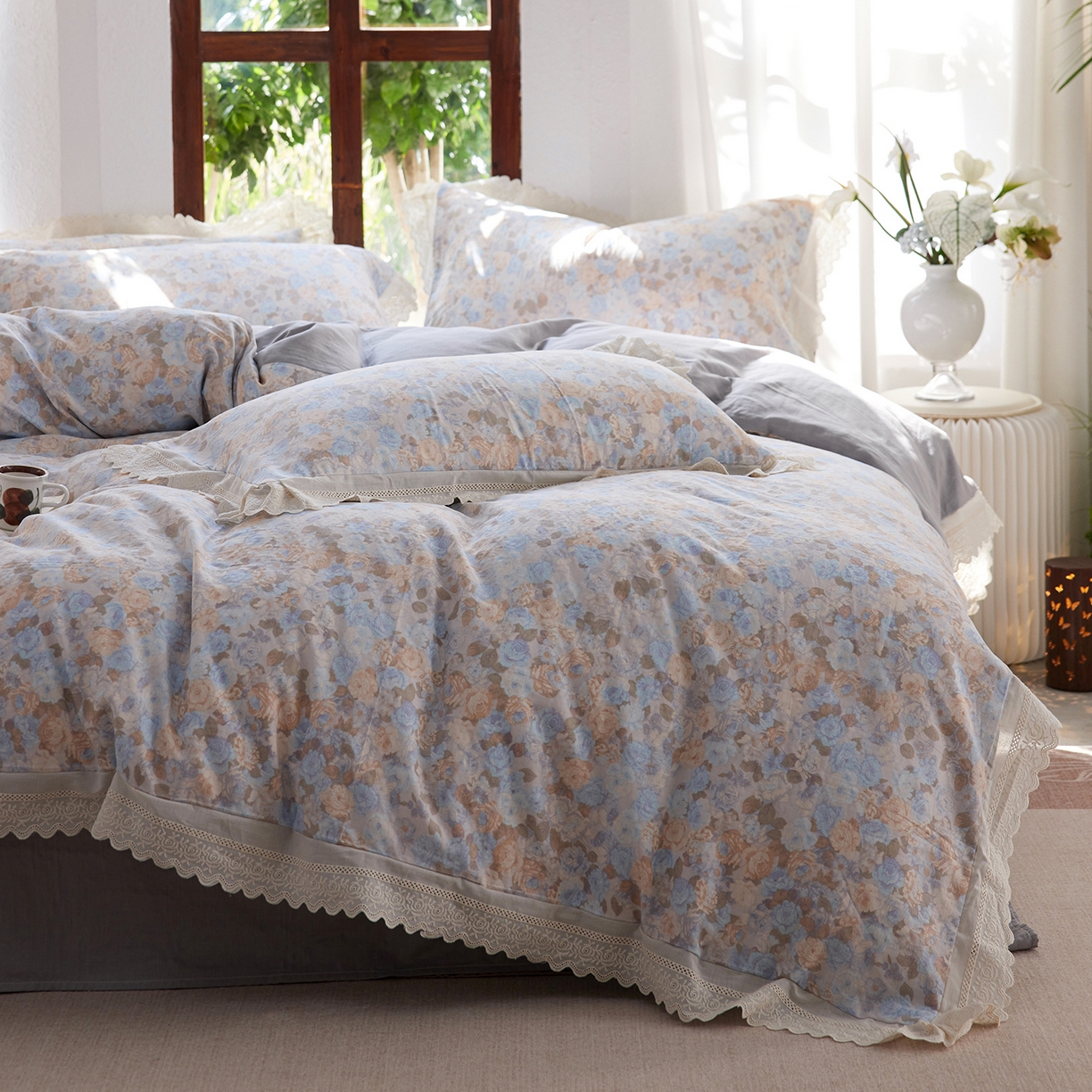 91家纺网 家纺一手货源 找家纺 （总）梵克保罗 2026春夏新品韩版全棉纯棉双层纱镂空花边系列四件套