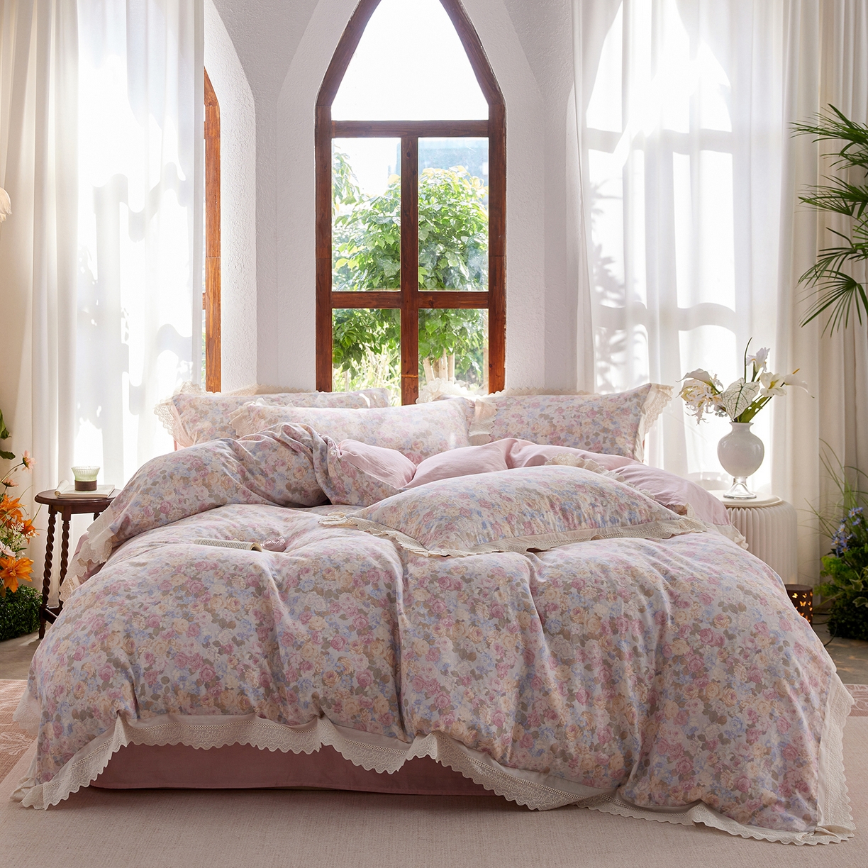 91家纺网 家纺一手货源 找家纺 （总）梵克保罗 2026春夏新品韩版全棉纯棉双层纱镂空花边系列四件套