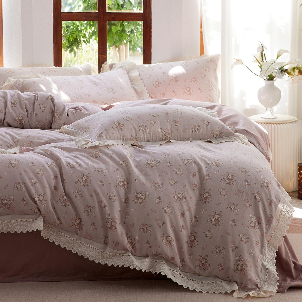 梵克保罗 2026春夏新品韩版全棉纯棉双层纱镂空花边系列四件套 落日余晖