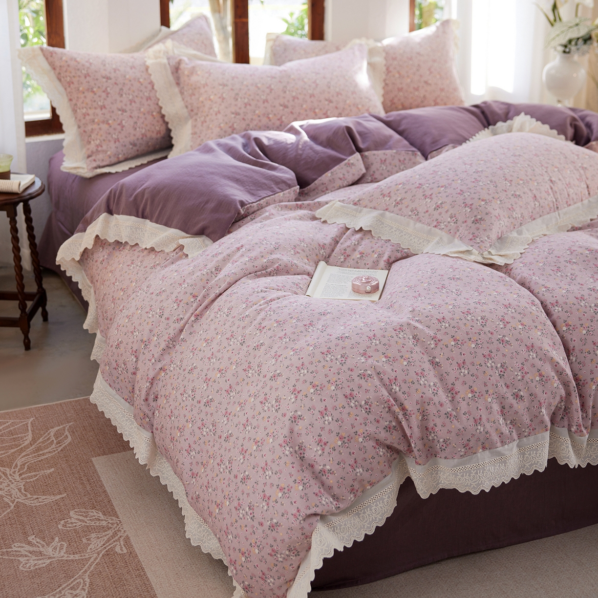 91家纺网 家纺一手货源 找家纺 梵克保罗 2026春夏新品韩版全棉纯棉双层纱镂空花边系列四件套 蔷薇花园