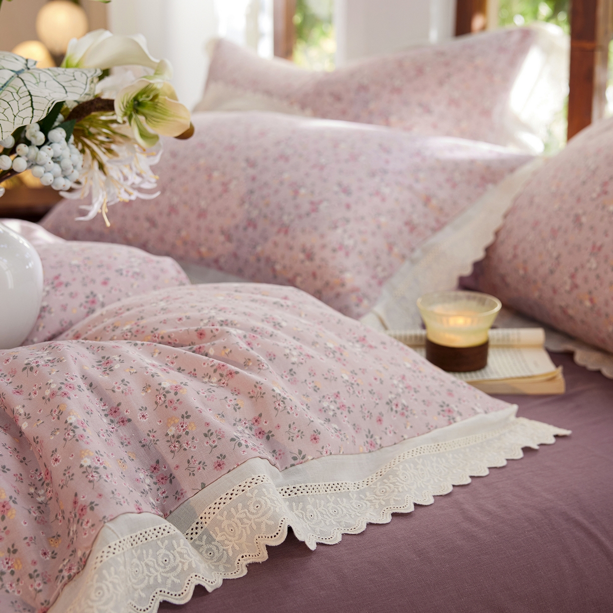 91家纺网 家纺一手货源 找家纺 梵克保罗 2026春夏新品韩版全棉纯棉双层纱镂空花边系列四件套 蔷薇花园