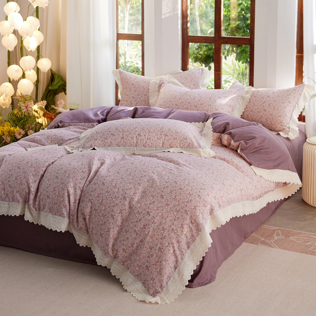 91家纺网 家纺一手货源 找家纺 梵克保罗 2026春夏新品韩版全棉纯棉双层纱镂空花边系列四件套 蔷薇花园