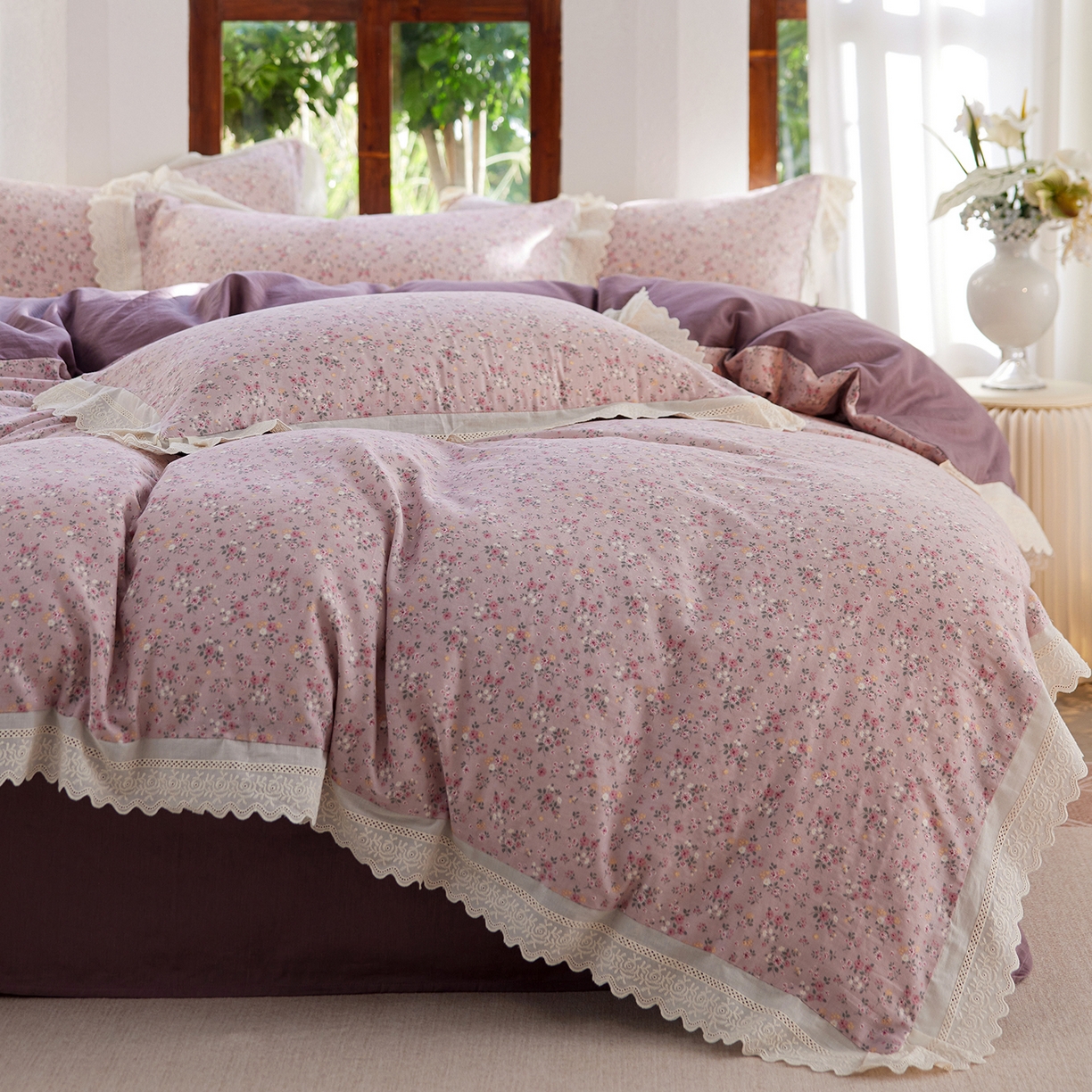 梵克保罗 2026春夏新品韩版全棉纯棉双层纱镂空花边系列四件套 蔷薇花园