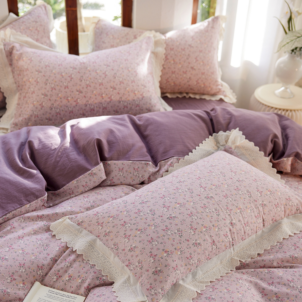 91家纺网 家纺一手货源 找家纺 梵克保罗 2026春夏新品韩版全棉纯棉双层纱镂空花边系列四件套 蔷薇花园