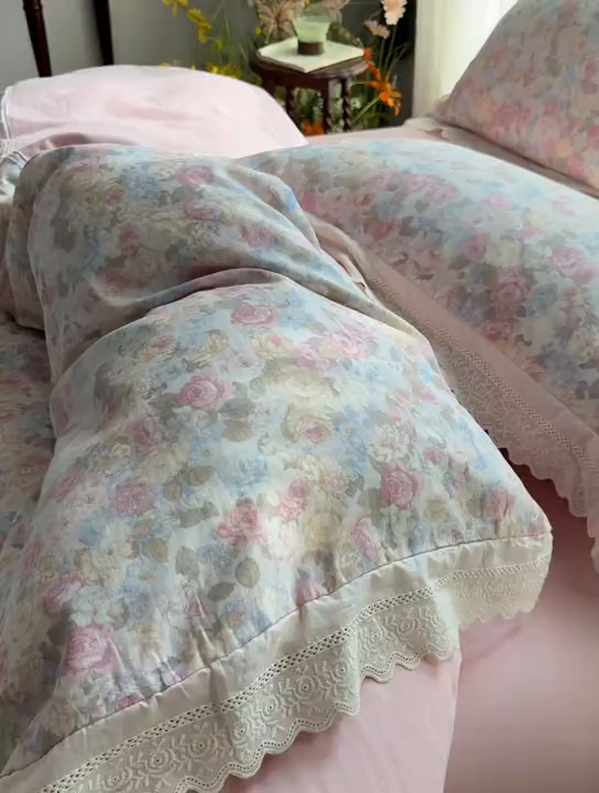 91家纺网 家纺一手货源 找家纺 （总）梵克保罗 2026春夏新品韩版全棉纯棉双层纱镂空花边系列四件套