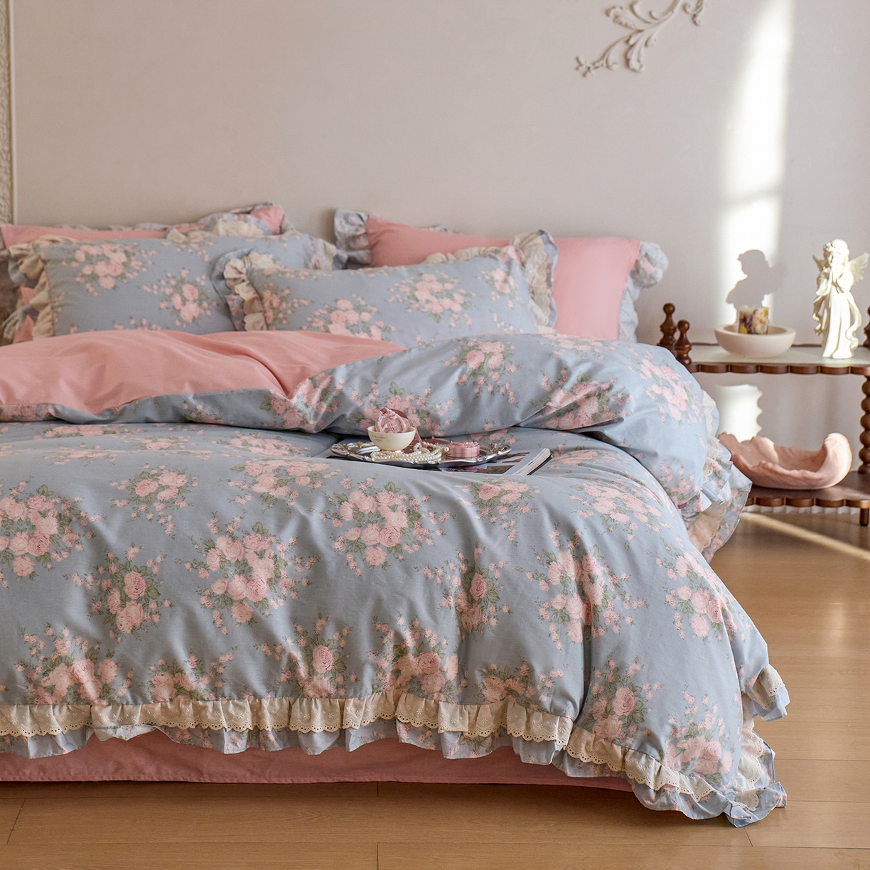 梵克保罗 2026春夏新品全棉纯棉13372法式双层花边系列四件套 安妮公主·兰