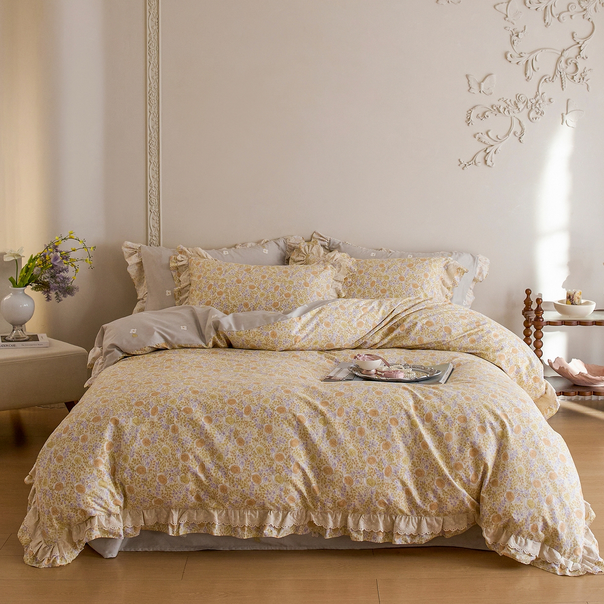 91家纺网 家纺一手货源 找家纺 梵克保罗 2026春夏新品全棉纯棉13372法式双层花边系列四件套 恋爱未满