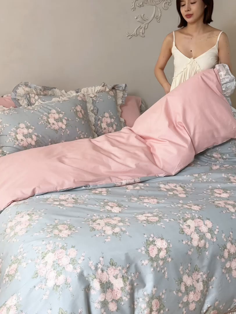 91家纺网 家纺一手货源 找家纺 梵克保罗 2026春夏新品全棉纯棉13372法式双层花边系列四件套 安妮公主·兰