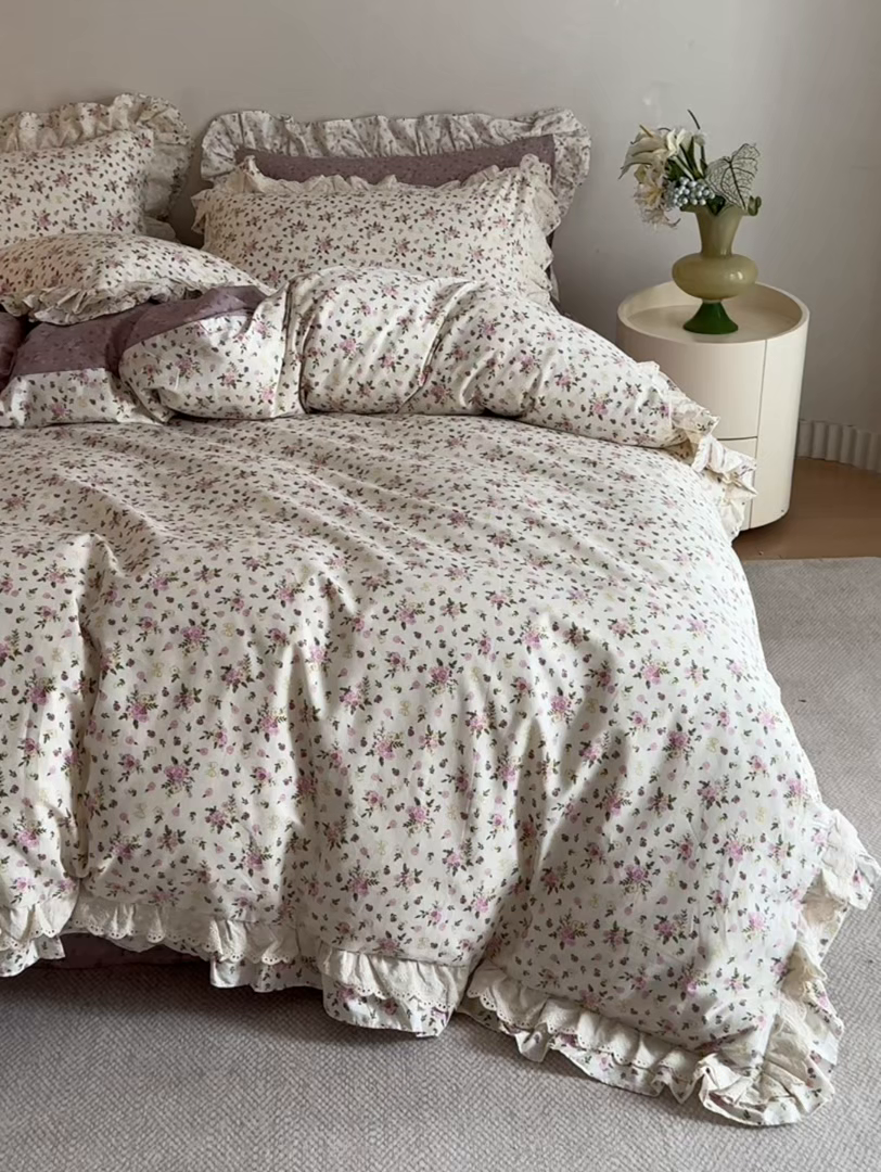 91家纺网 家纺一手货源 找家纺 梵克保罗 2026春夏新品全棉纯棉13372法式双层花边系列四件套 艾米丽