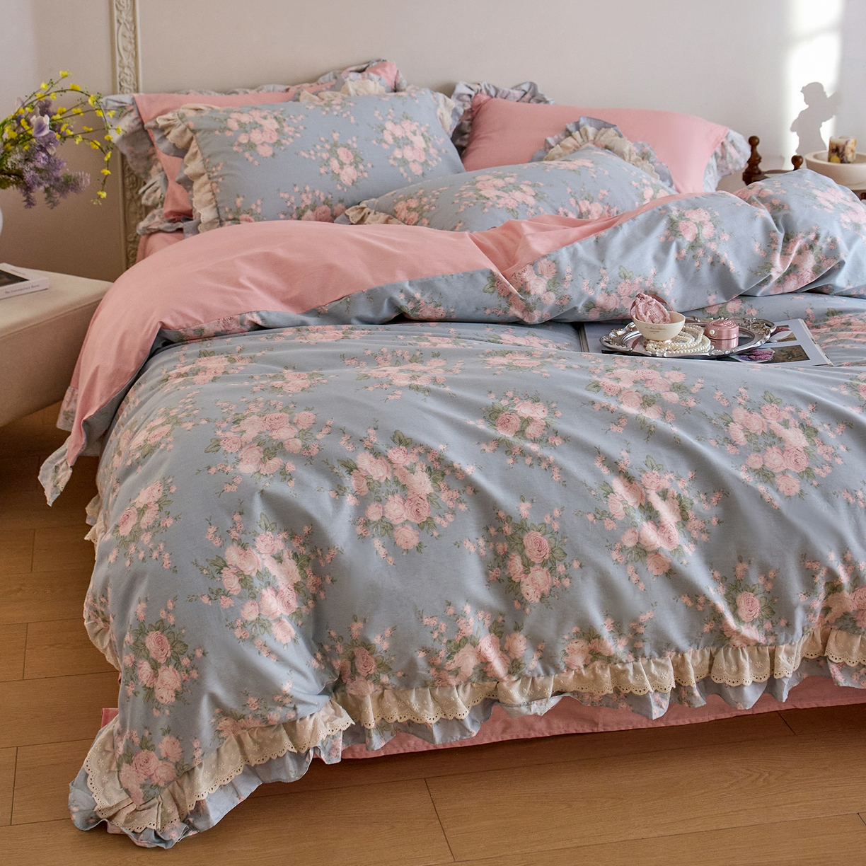 91家纺网 家纺一手货源 找家纺 梵克保罗 2026春夏新品全棉纯棉13372法式双层花边系列四件套 安妮公主·兰