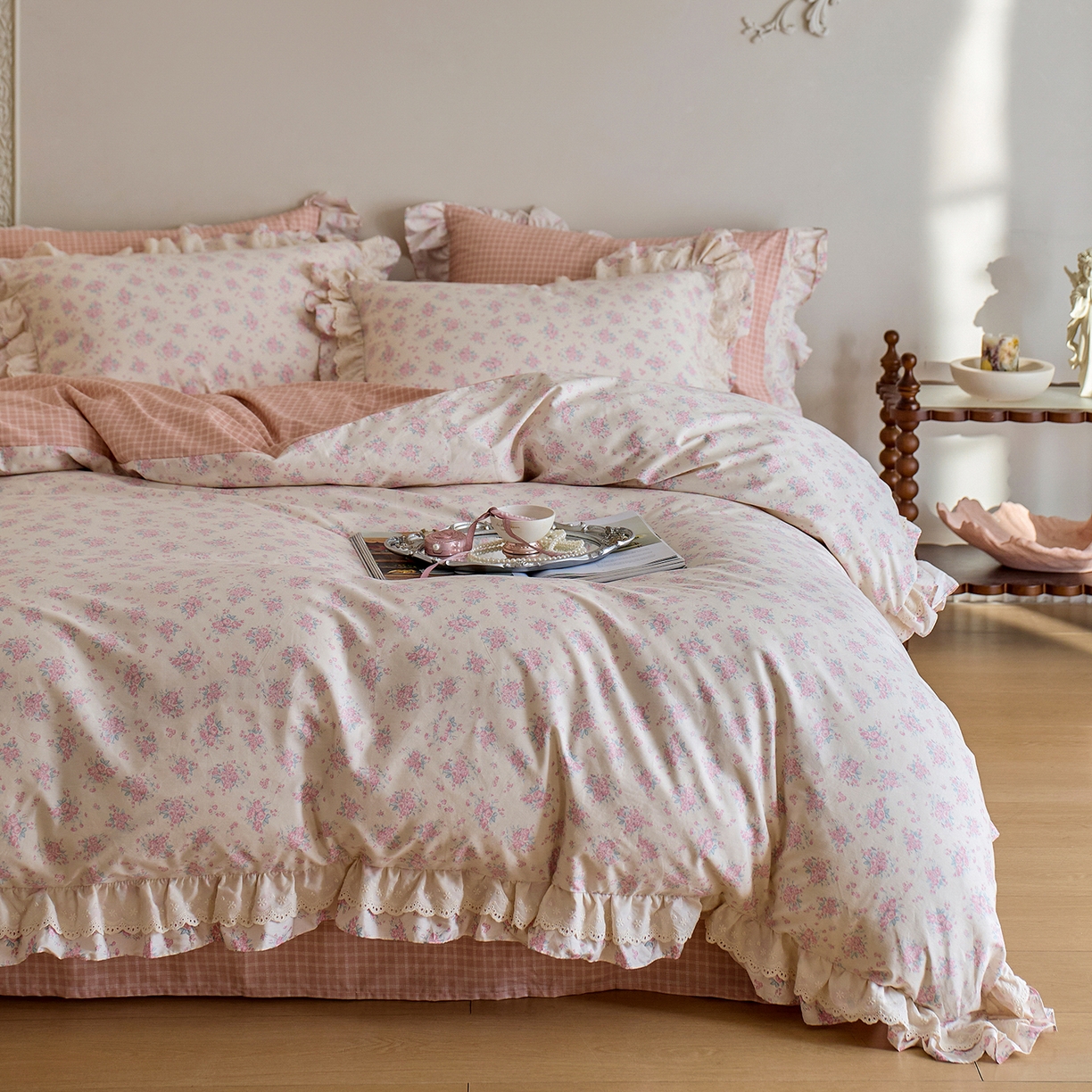 梵克保罗 2026春夏新品全棉纯棉13372法式双层花边系列四件套 柔情花梦·粉